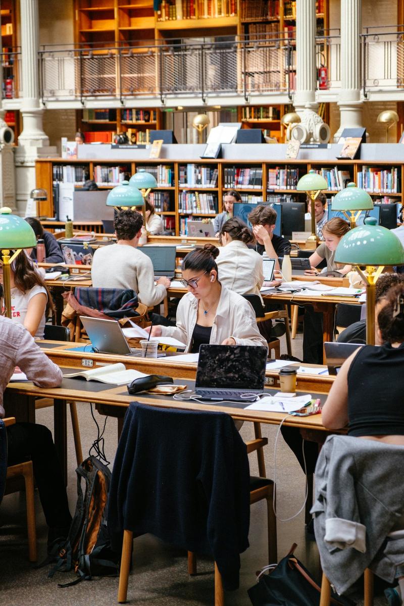 Students studying at library desks